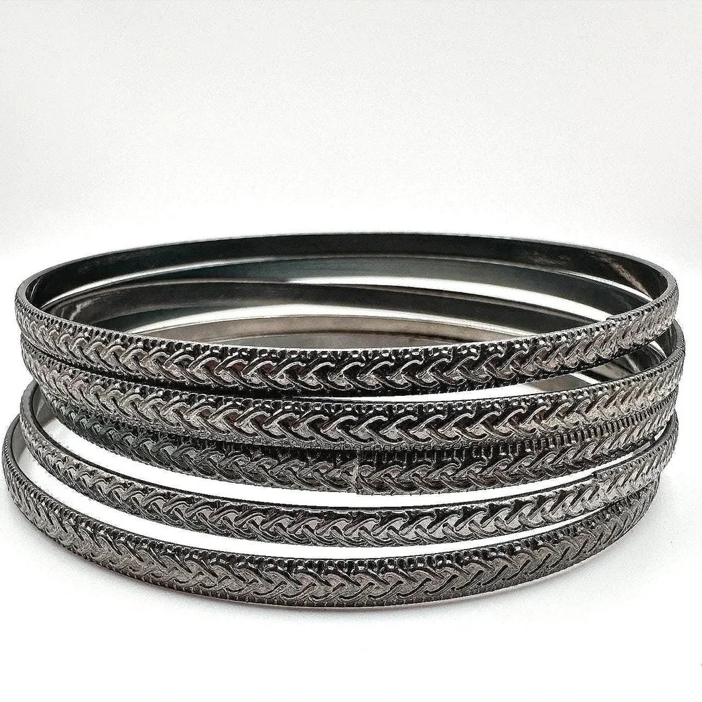Vintage‎ Y2K Textured Braided Gunmetal Bangle Set Boho Women's Classic Jewelry